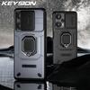 KEYSION Shockproof Armor Case for Xiaomi POCO F5 Slide Camera Lens Protection Ring Stand Phone Back Cover for Redmi Note 12S 4G