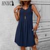 Женская мода лето весна однотонный принт без рукавов с круглым вырезом и высокой талией повседневные платья