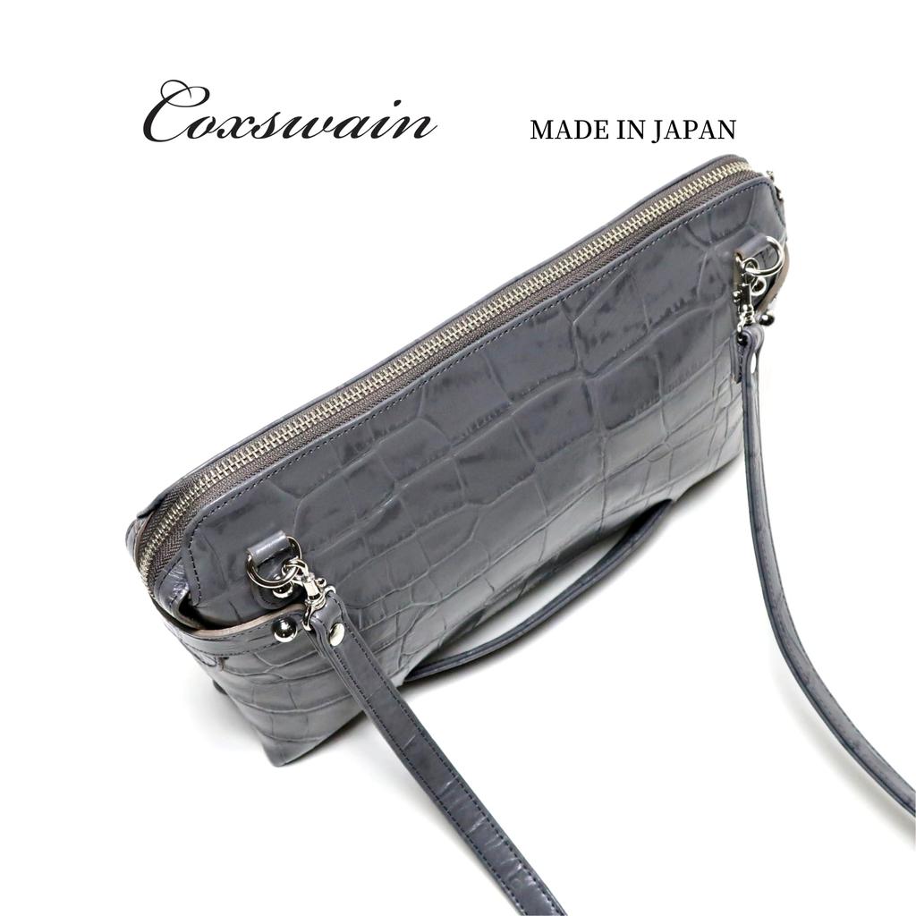 Мужской кожаный клатч COXSWAIN с тиснением под крокодила, серый, с ремешком, CW1605CS GRAY, Сделано в Японии