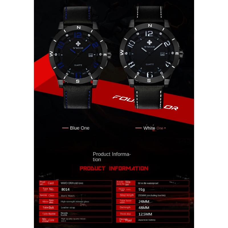 WWOOR Спортивные мужские часы с кожаным ремешком Матовый черный корпус с календарем Водонепроницаемые кварцевые часы