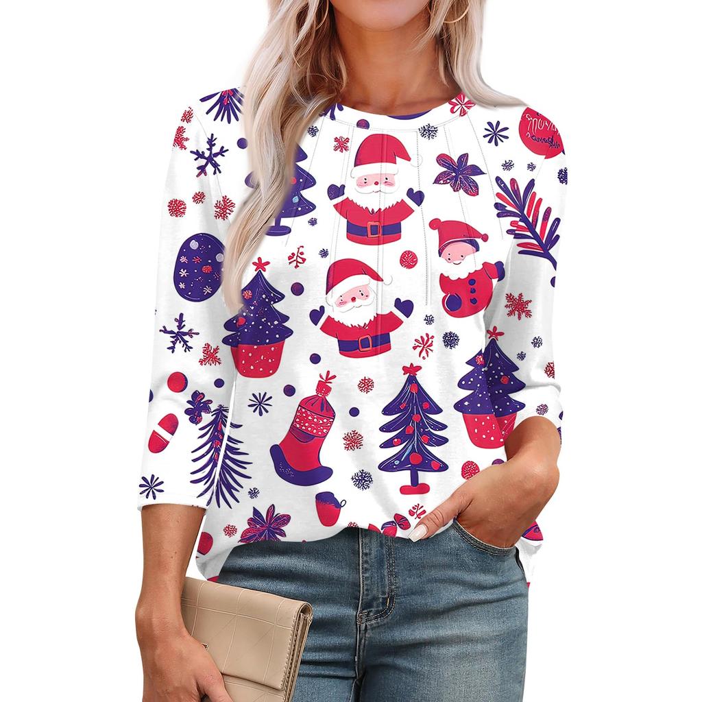 Женская модная футболка с круглым вырезом и рукавом 3/4 с рождественскими принтами, повседневная базовая плиссированная футболка-пуловер