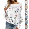 Women's Loose Casual Floral Print Off-the-shoulder Plush Patchwork Line Neck Top