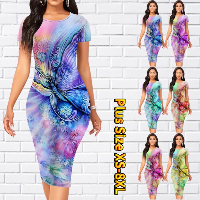 Тонкое платье длиной до колена с коротким рукавом, модное женское платье миди с 3D принтом бабочки
