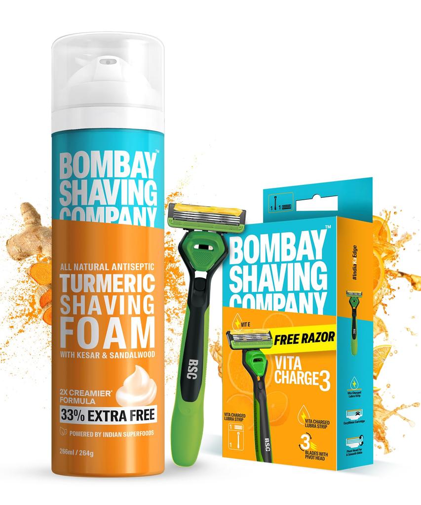 Bombay Shaving Company Vita Charge 3 Бритва и Куркума Пена для Бритья Комбо | Бритва для Мужчин | Смазывающая Полоска с Витамином E | | Поворотная Головка F
