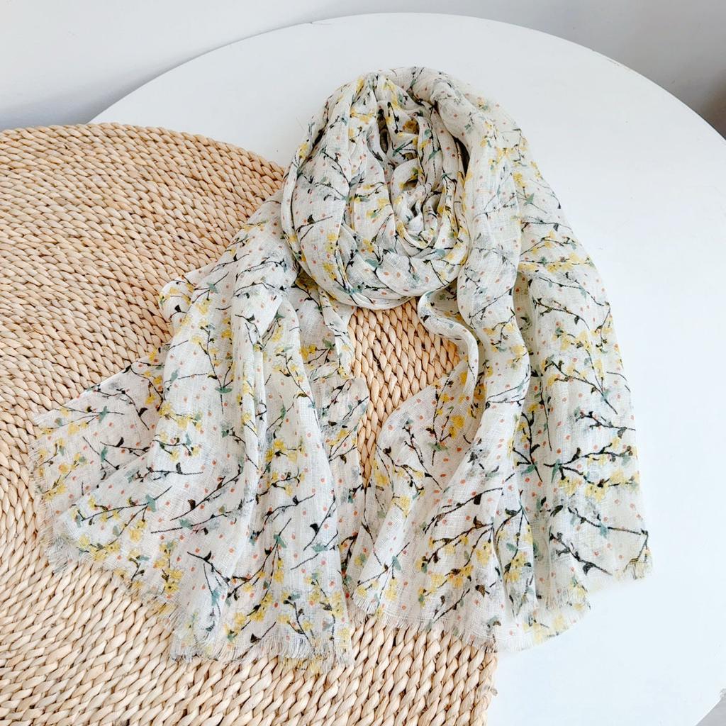 Элегантный женский шарф из 100% льна с принтом, тонкий, для защиты шеи и от солнца, на весну/лето/осень