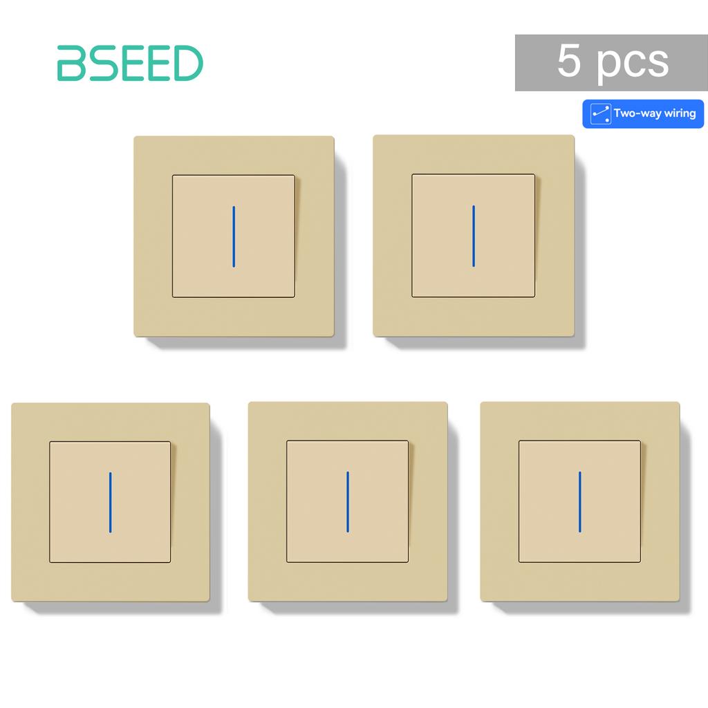 Bseed 1/2 Gang 2 Way Push Button Switch with Indicator Lamp 5 pieces/Set EU Standard Home Plastic Switch Black White Golden Gray