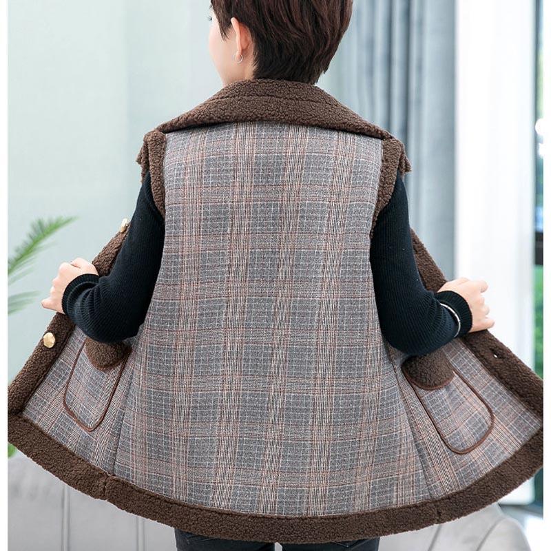 Vest Women's Autumn and Winter Wear Plus Velvet Thick Large Size Middle-aged and Elderly Plaid Sleeveless Jacket