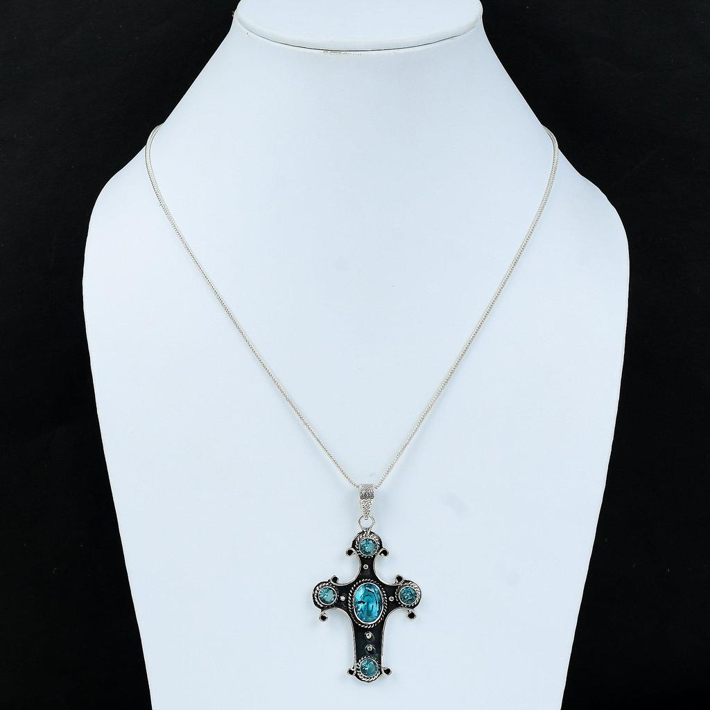 Swiss Blue Topaz Gemstone Handmade 925 Sterling Silver, Genuine Blue Topaz Necklace, December Birthstone Blue Topaz Necklace, Gift for Her