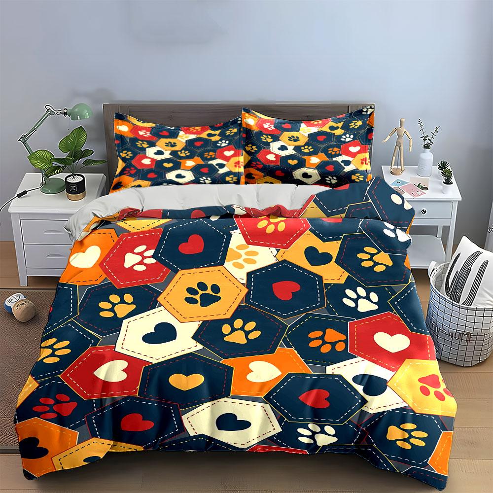 Colorful Paw and Heart Pattern Bedding Duvet Cover Set Duvet Cover Pillowcases (1*Duvet Cover 2*Pillowcases, without duvet insert)