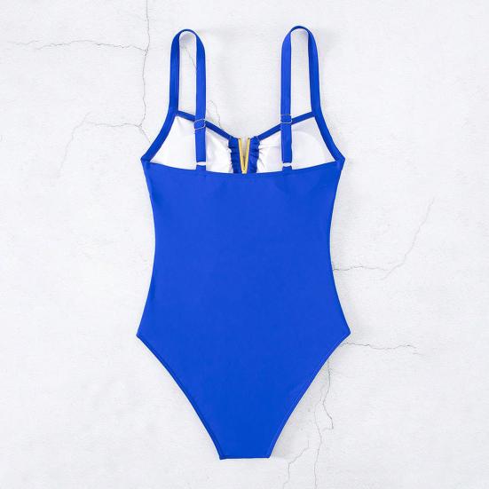 Women Monokini V-Neck Sleeveless Ruched High Waist One-piece Bikini Solid Color Quick Drying Bathing Suit