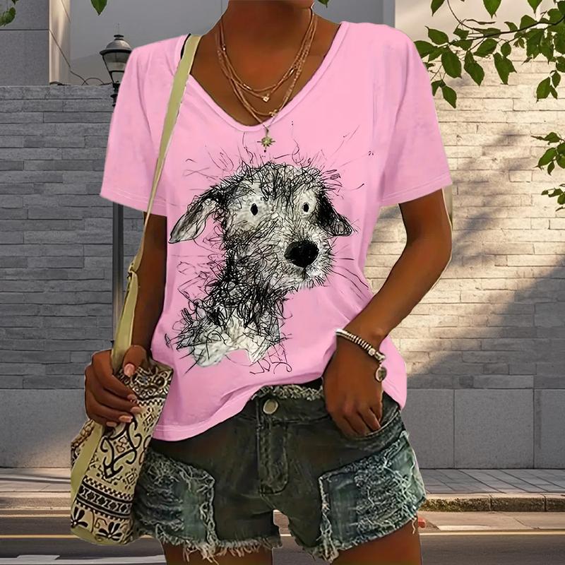 Блузки с рисунком бродячего щенка, футболки с коротким рукавом и V-образным вырезом, повседневные