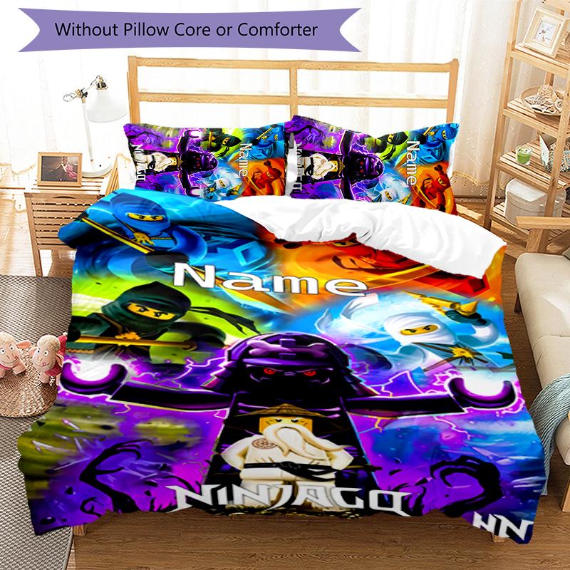 3pcs Custom Name Cartoon Lego Ninjago Bedding Set Duvet Cover Closure Includes 1 Duvet Cover & 2 Pillowcases for All Seasons Bedroom Decor