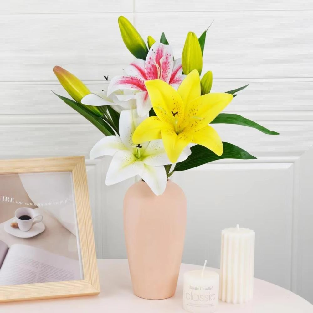 3 Heads Fake Lily Bouquet Silk Wedding Bridal Bouquet Artificial Lily Flower  Living Room Decor
