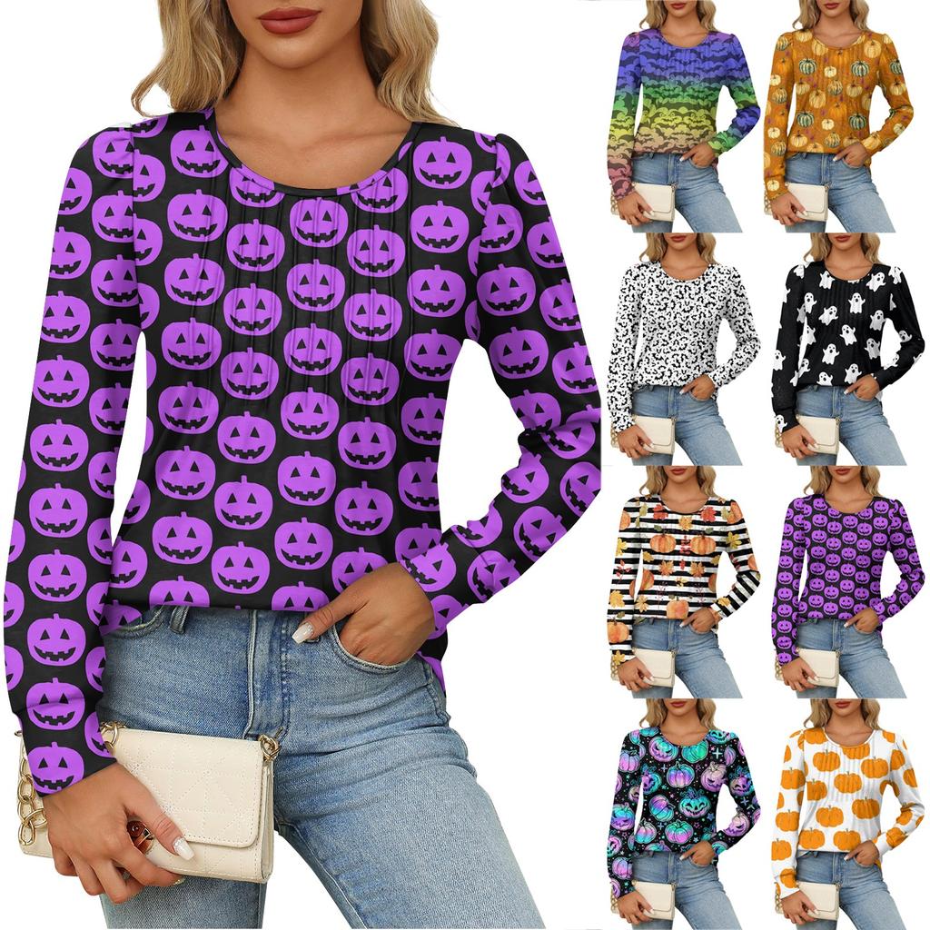 Long Sleeve Shirts For Women Cute Print Graphic Tees Blouses Dressy Casual Blouses Pleated Scooped Neck Tunic Tops Halloween