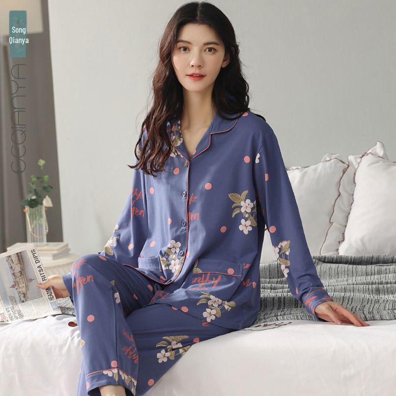 Женская пижама с длинными рукавами из 100% хлопка на весну и осень: Домашняя одежда свободного кроя для женщин среднего возраста