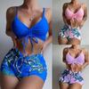 Women Vintage Swimsuit Two Piece Retro Ruched High Waist Print Bikinis Sets Sunflower Print Overlay Swimwear