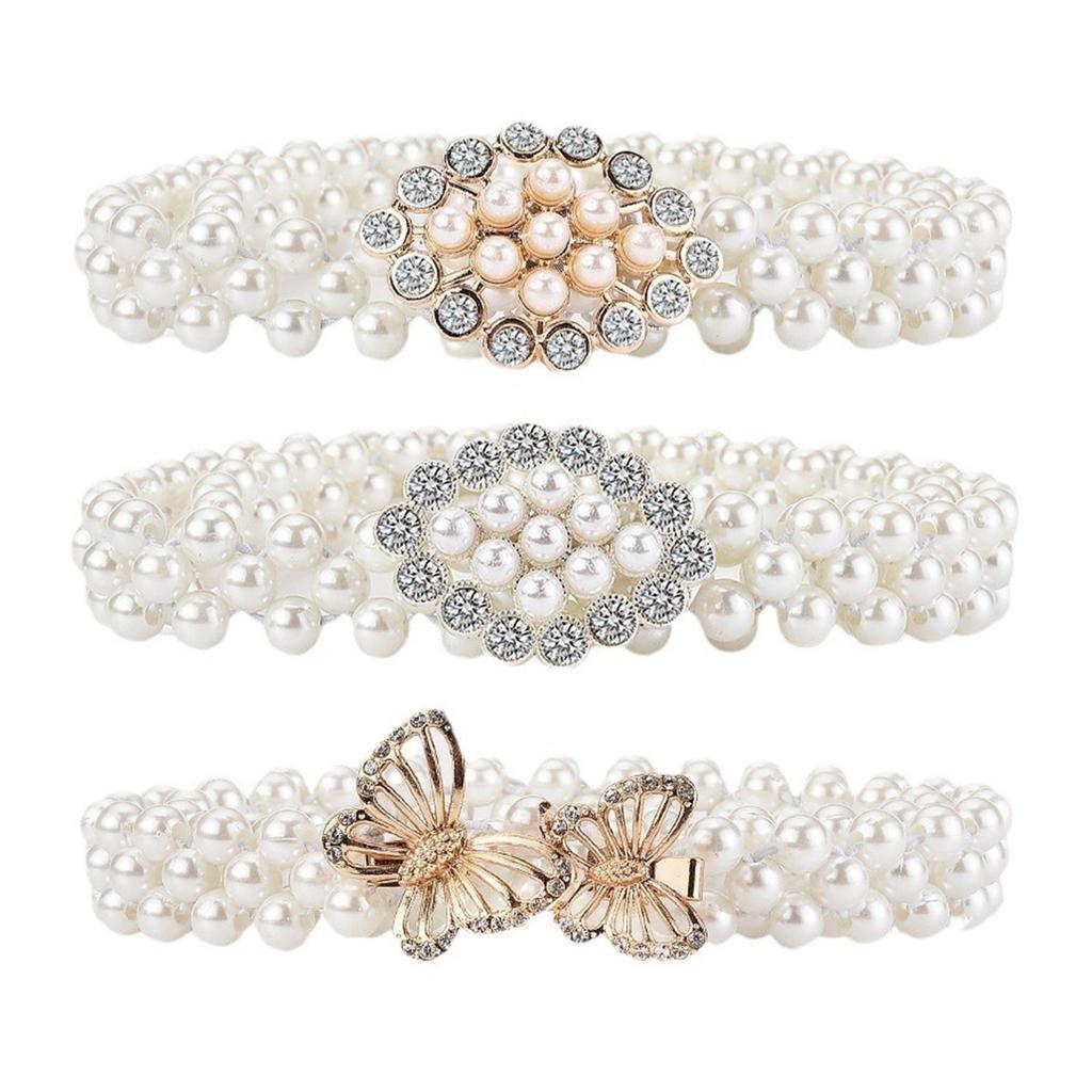 Elegant Adjustable Waist Accessory Elegant Pearls Waist Belt with Rhinestones Accent Stylish Waistband Adornment