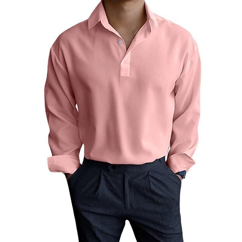 Men Lapel Half Placket Solid Long Sleeve Henley Casual Shirt