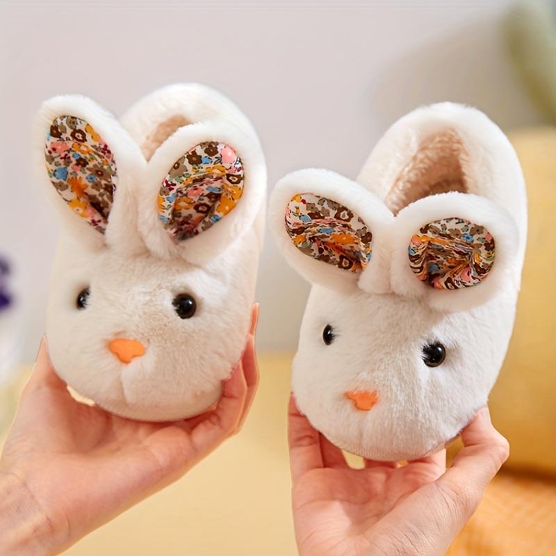 Cute Cartoon Rabbit Furry House Slippers for Girls, Warm Non-Slip Soft Indoor Walking Shoes for Autumn and Winter