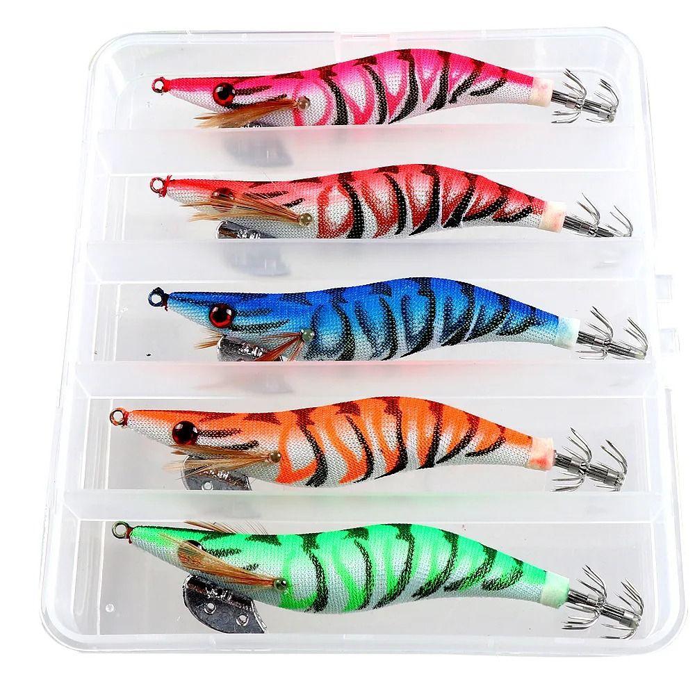 5Pcs Durable Luminous Squid Fishing Lure 3D Eyes Wooden Shrimp Bait Fishing Accessories