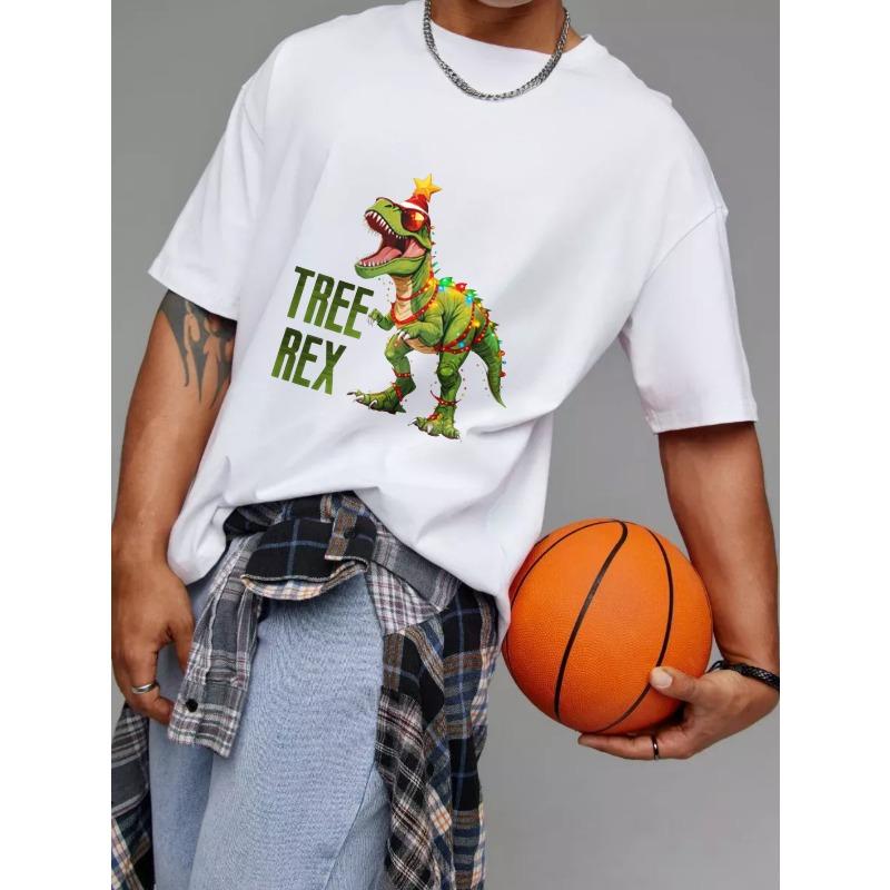 Белая футболка с круглым вырезом, дизайн с деревом, Рексом, динозавром, Рождеством, для праздничной вечеринки, повседневная одежда