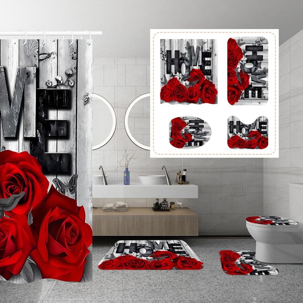 Комплект из 4 цветочных занавесок для душа с нескользящими ковриками, крышкой для унитаза и ковриком для ванной, черная занавеска для душа, водонепроницаемый декор для ванной комнаты