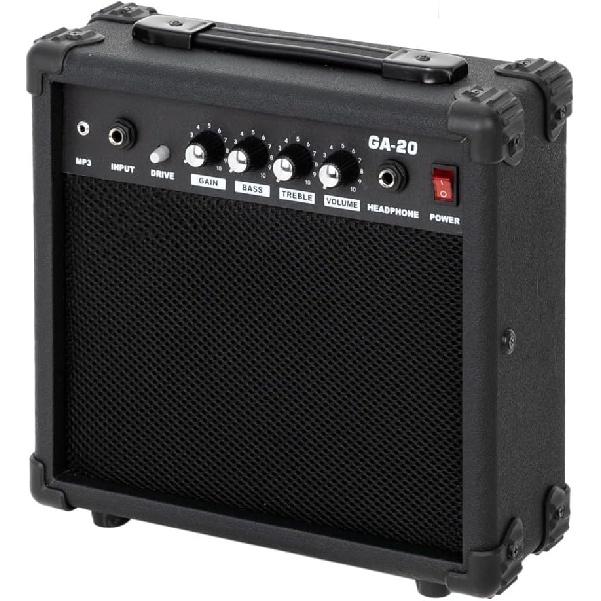 Усилитель для электрогитары, усилитель мощностью 20 Вт со встроенным динамиком 6,5 дюйма, разъемом для наушников и дополнительным входным разъемом. Регуляторы басов, громкости, высоких частот и усиления.