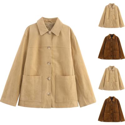 Женская модная замшевая однотонная куртка свободного кроя с длинными рукавами из замшевой кожи