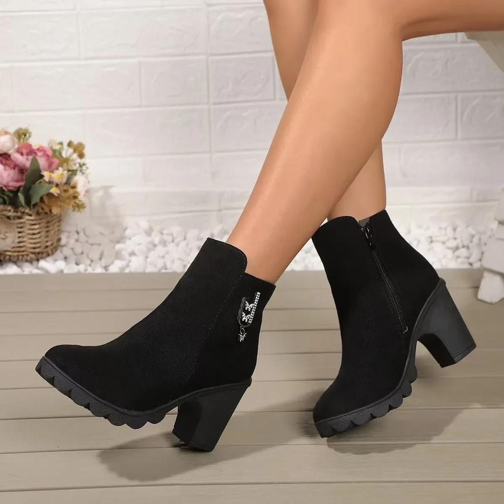 2024 Новые сапоги для женщин, теплые, однотонные, зимние, длиной до щиколотки, сексуальные, модные, на толстом высоком каблуке, женские сапоги, удобная обувь