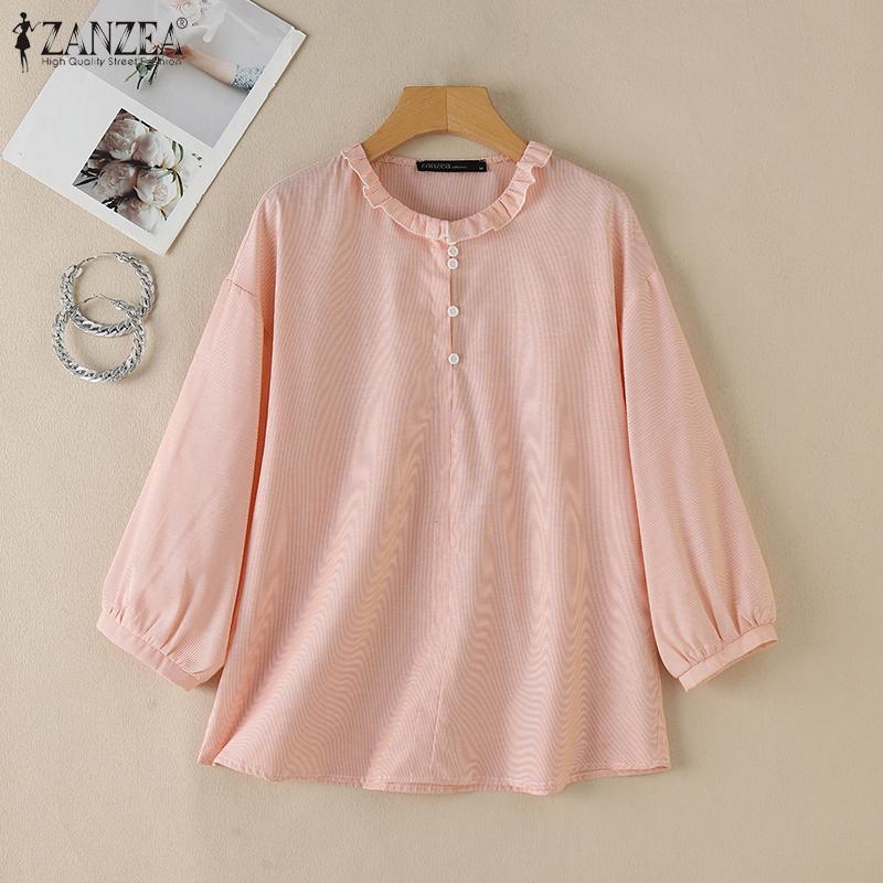 ZANZEA Женская повседневная летняя блузка в полоску с круглым вырезом и рукавом 3/4