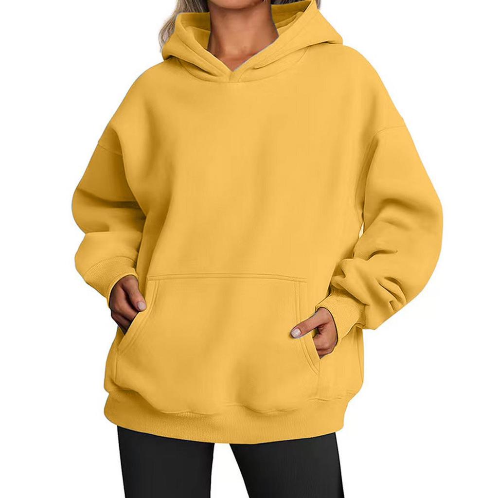 Women's Solid Color Fleece Hooded Sweatshirt - Autumn/Winter, Long Sleeve, Street Hip-Hop Style, Loose Fit, with Pockets.