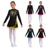 Kids Girls Ice Skating Dress Long Sleeve Mock Neck Sheer Mesh Patchwork Sparkling Rhinestones Dancewear