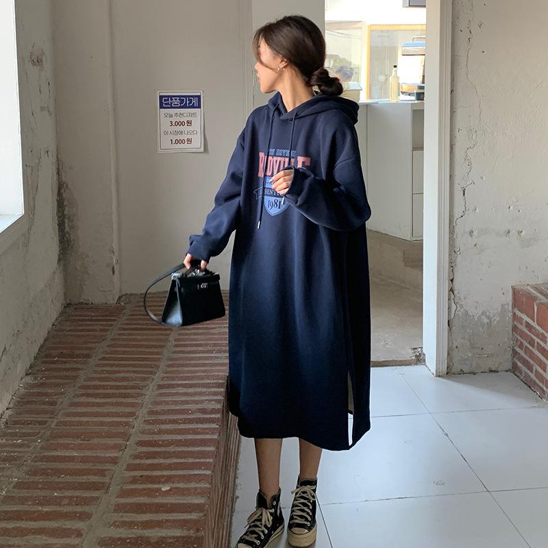 Харадзюку Ветер Свитер средней длины Женский Ins Полосатые Платья с длинным рукавом Зима Свободный Выше колена Утепленный Мода Ретро Универсальная Толстовка