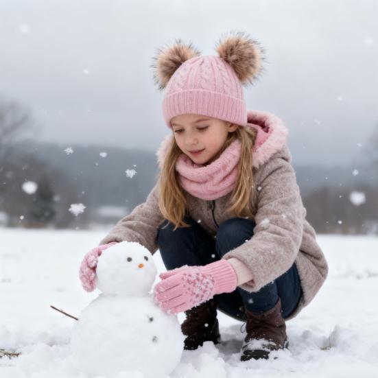 Yousheng 3 шт./компл. Детская зимняя шапка, шарф, перчатки, комплект, шапка без полей с двумя плюшевыми помпонами, вязаные перчатки с текстурой «косичка», флисовая подкладка, набор гетр для шеи