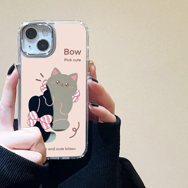 Korean Cute Cat Soft Mirror Phone Case For iPhone 11 Case iPhone 12 15 Pro Max 14 13 Pro XS XR X Lovely Shockproof Cover Fundas