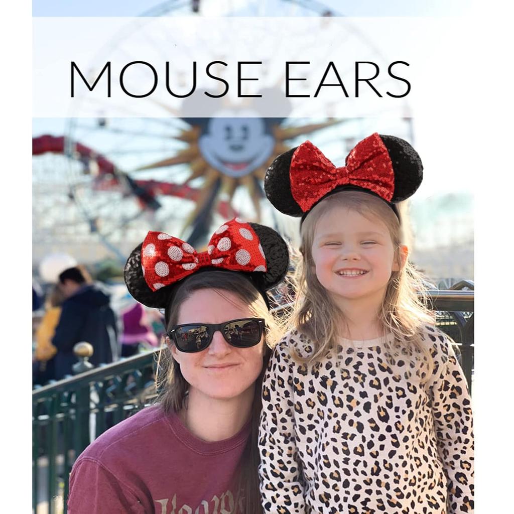 Shiny Sequin Mouse Ear Headbands, 2 PCS Classic Bow Headbands for Adult Women and Girls (Red Sequin & Red Dot)