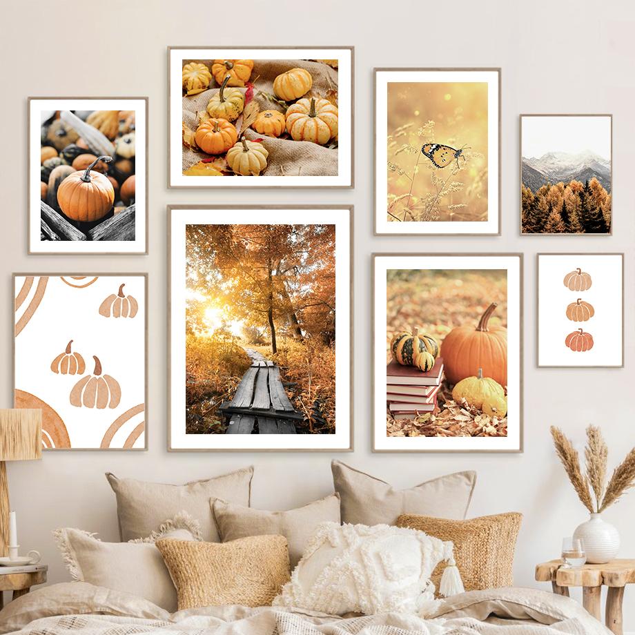 Осенние полевые постеры с бабочкой и тыквой, настенная живопись на холсте, постеры на скандинавскую тему и принты, фотографии для гостиной, домашний декор
