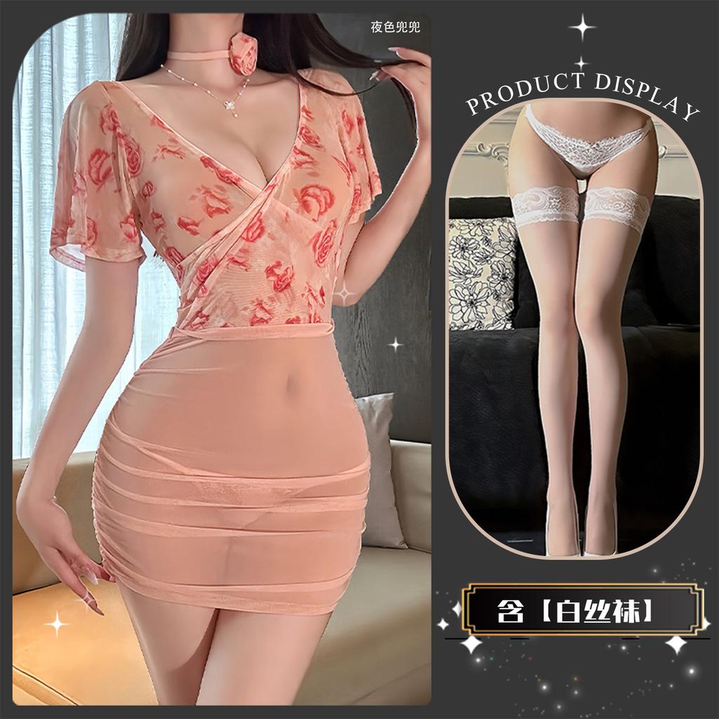 Sex underwear is a high-intelligence rose leaking milk see-through mesh short skirt, light ripe style, sexy pure desire suit.