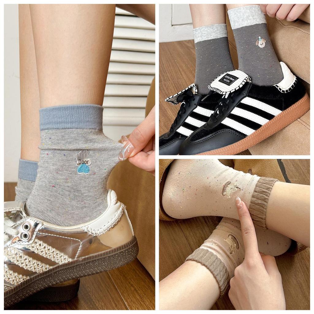 Women's Tide Style Autumn Puppy Embroidery Mid-Calf Socks - Cute Cartoon Bear Design