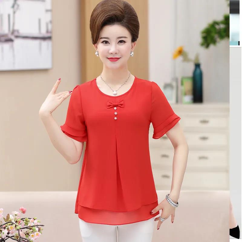 Летняя рубашка среднего возраста, женский топ, большая летняя женская свободная футболка среднего возраста, шифоновая рубашка с короткими рукавами