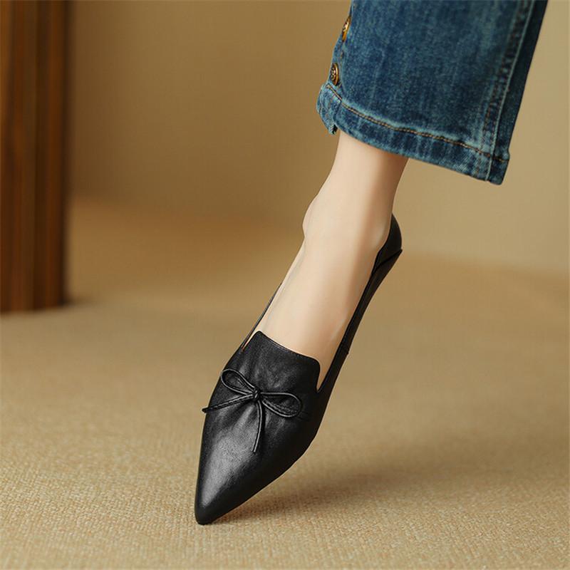 Модные новые весенние женские туфли из натуральной кожи с острым носком в французском стиле, женские туфли-лодочки с бантом, женские туфли на низком каблуке