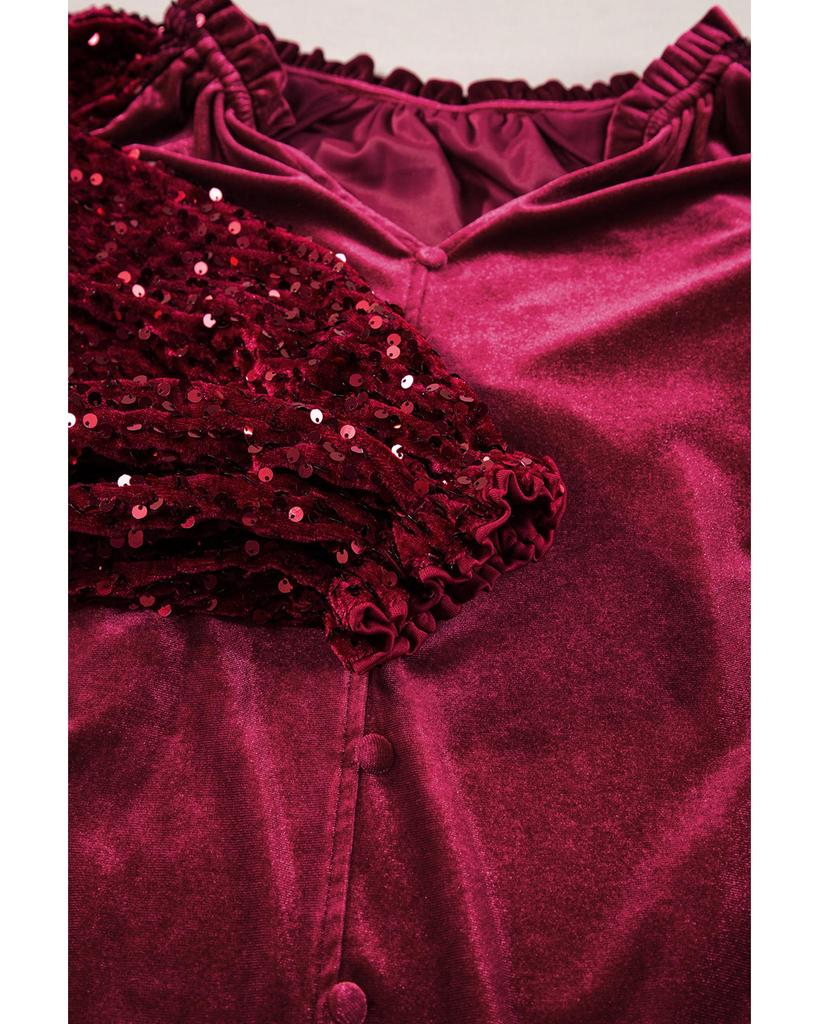 Azura Exchange Red Dahlia Sequin Patchwork Sleeve Button Up Velvet Top