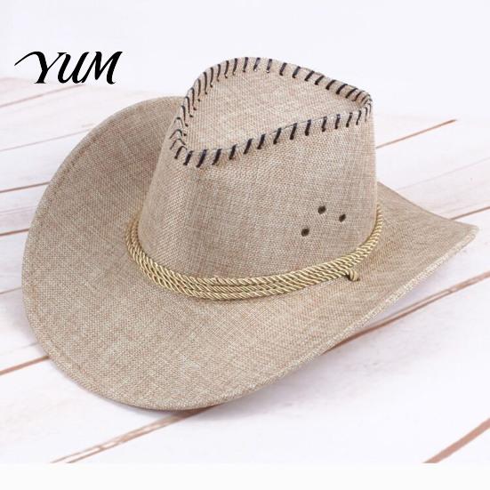 Outdoor UV Protection Hat Western Cowboy with Windbreak Rope for Men, Wide Brim Linen Sun Foldable Travel Travel, Halloween Cosplay Costume,