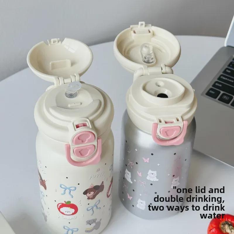 Cute Cartoon Print Double Drink Stainless Steel Thermos Cup with Straw - Portable Pop-Up Cup for Girls and Students