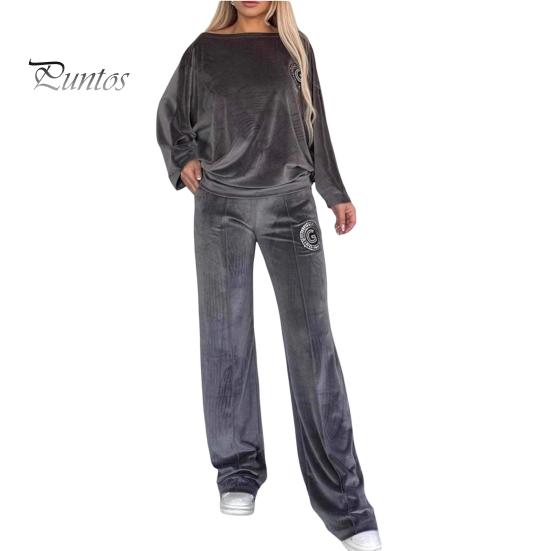 Женский комплект из 2 предметов: топ, брюки, бархатный круглый вырез, рукава «летучая мышь», блузка, широкие брюки, однотонный спортивный костюм на каждый день, осенне-весенний спортивный костюм