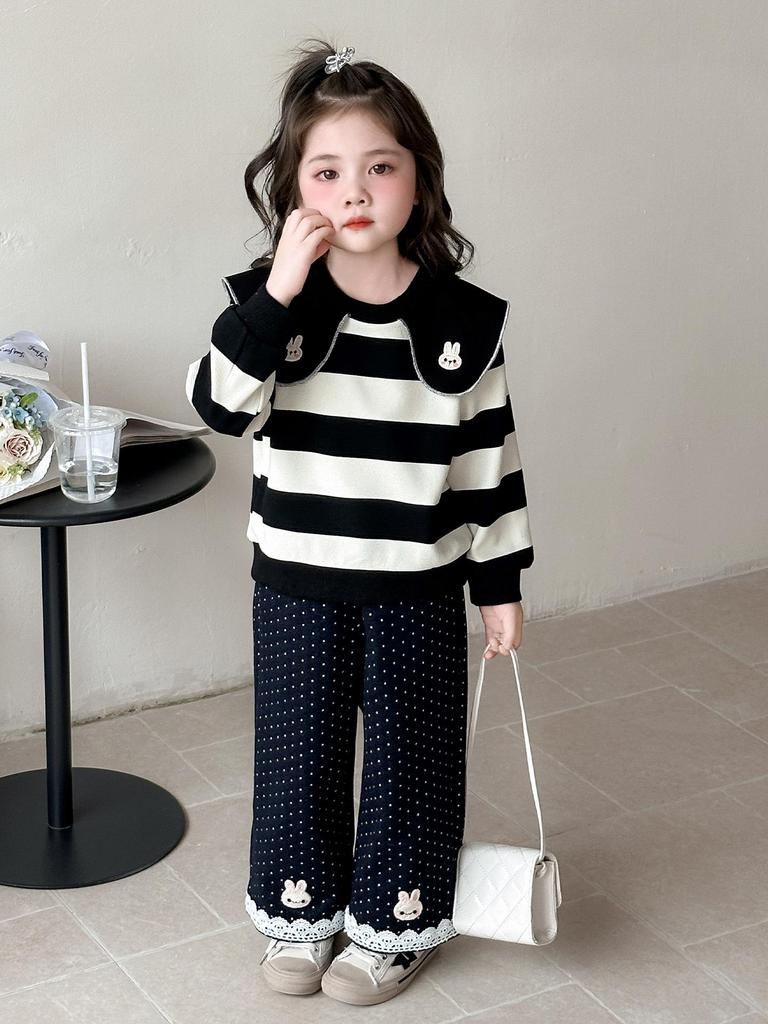 Girls' Striped Doll Collar Sweatshirt & Polka Dot Pants Set - Spring/Autumn 2025 Fashion for Small/Medium Children