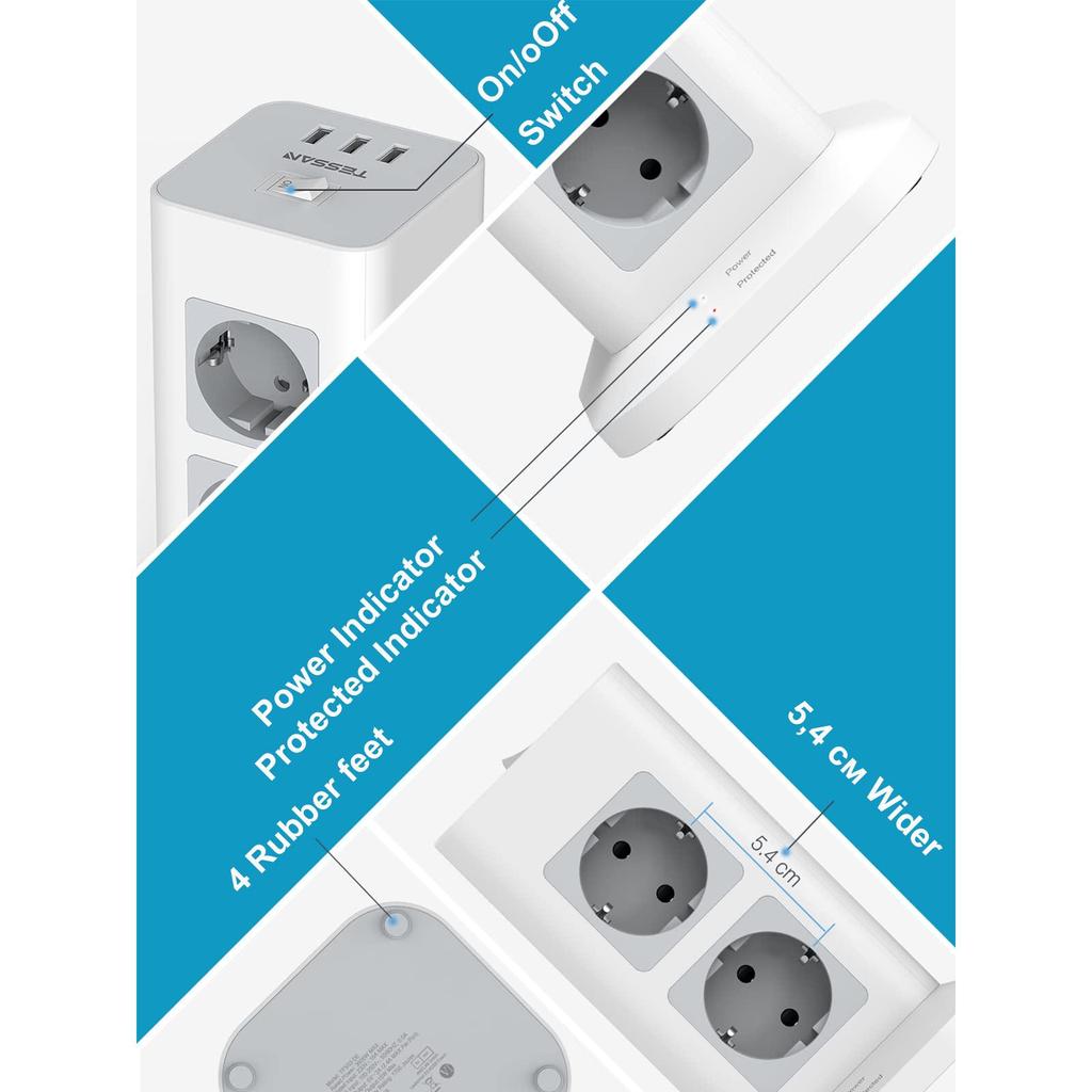 Tessan Удлинитель Tower с несколькими вилками, вертикальная розетка с переключателем, розетки 8/12, 3 порта USB, кабель 2 м, защита от перенапряжения для домашнего офиса
