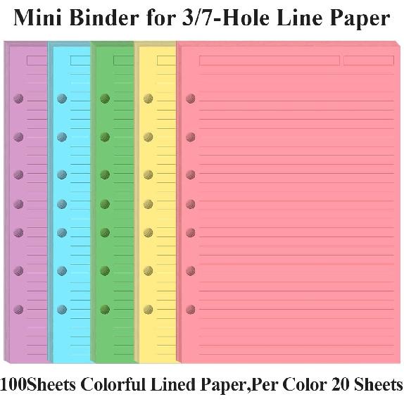 Mini Binder 5 Colorful Line Paper for 3 or 7 Ring Binders - 100 Sheets/200 Pages Loose Leaf Paper Line Refills, Per Color 20 Sheets, Desk Size 4,