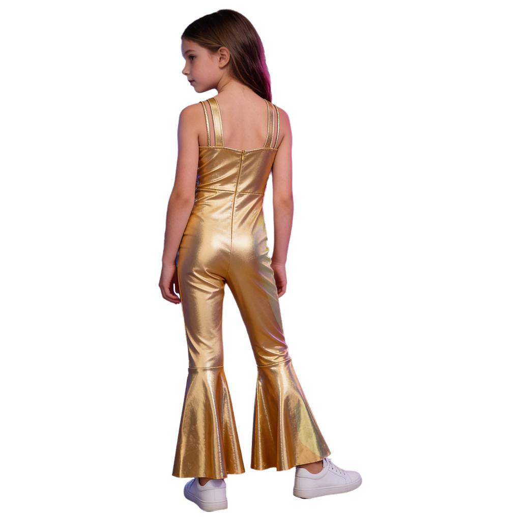 Kids Metallic Disco Dance Bodysuit: Sleeveless Sequins Tassels Jumpsuit with Back Invisible Zipper & Flared Pants