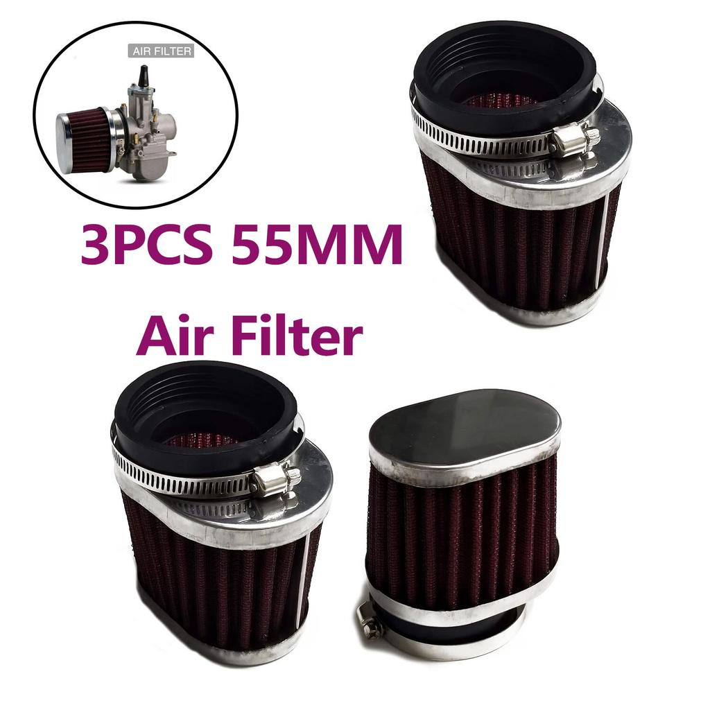 55mm 3x Car Motorcycle Scooter Engine Air Filter Red Mushroom Head Oval Clamp on